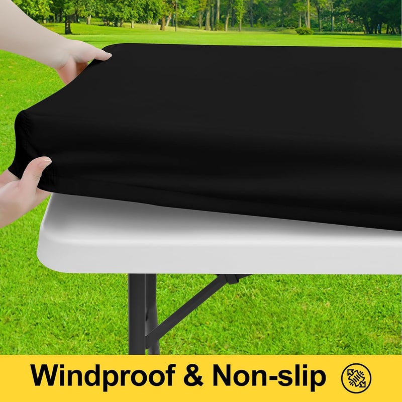 smiry Picnic Table Cover with Bench Covers, Waterproof Elastic Fitted Polyester Tablecloths for 8 Ft Rectangle Tables, Washable Windproof Tablecloth for Camping, RV & Outdoor (Black, 30x96 Inches) - Image 2